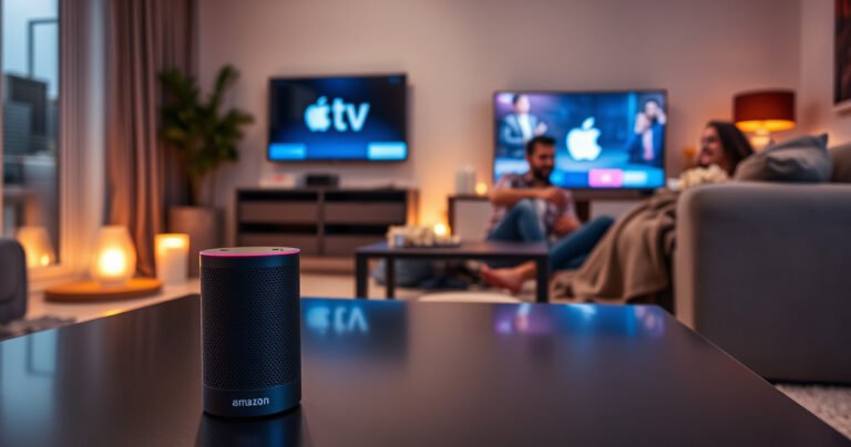 A sleek living room featuring an Amazon Alexa device on a modern coffee table, illuminated by soft ambient lighting. In the background, an Apple TV glows on a flat-screen TV, while a family enjoys a cozy movie night, with popcorn and blankets, capturing the essence of smart home synergy and technology.