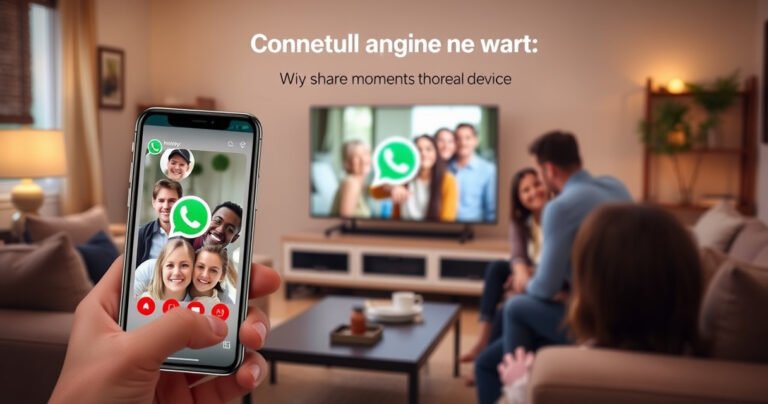 A cozy living room scene featuring a family gathered around a large TV, with a smartphone displaying a WhatsApp video call. The TV screen shows happy faces of friends or family members. Warm lighting, comfortable furniture, and a digital connection theme highlighted with subtle tech elements, illustrating the joy of sharing moments across devices.