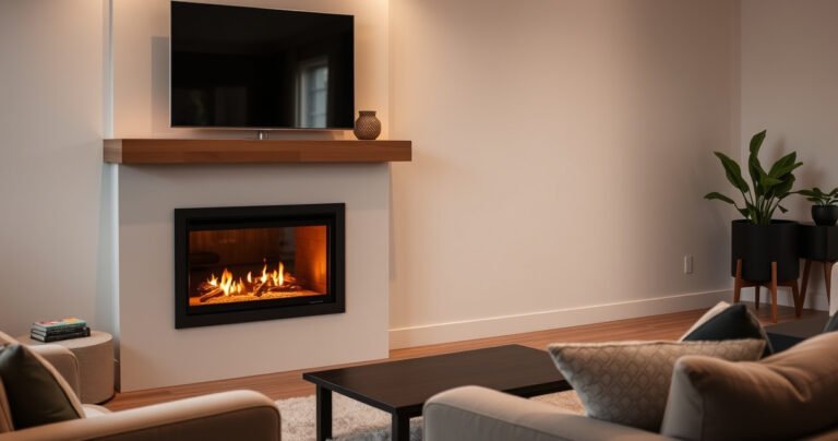 A cozy living room featuring a modern wood fireplace with gentle flames, a sleek flat-screen TV mounted above, adorned with a stylish mantle showcasing decorative items. Soft, warm lighting creates an inviting atmosphere, with plush furniture and a soft rug, highlighting the balance between comfort and contemporary design.