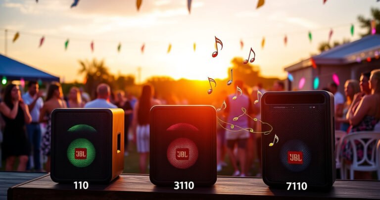 A vibrant outdoor party scene featuring three JBL PartyBox speakers, each model (110, 310, 710) prominently displayed, surrounded by colorful lights, dancing people, and a lively atmosphere. The sunset casts a warm glow, reflecting off the speakers. Music notes visually emanate from the speakers, creating an energetic vibe that captures the essence of a perfect party.