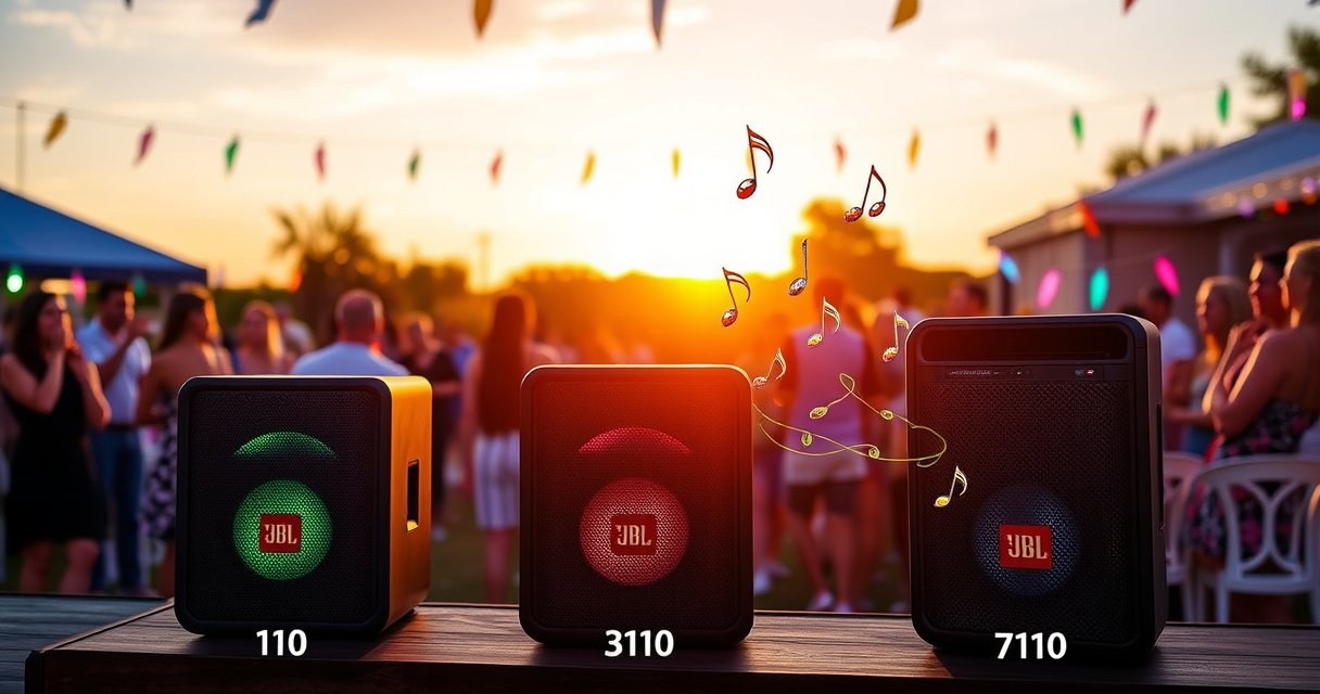 A vibrant outdoor party scene featuring three JBL PartyBox speakers, each model (110, 310, 710) prominently displayed, surrounded by colorful lights, dancing people, and a lively atmosphere. The sunset casts a warm glow, reflecting off the speakers. Music notes visually emanate from the speakers, creating an energetic vibe that captures the essence of a perfect party.