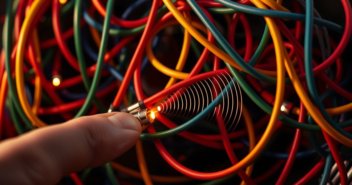 An intricate close-up of colorful speaker wires intertwined against a dark background, showcasing the vibrant insulation and metallic connectors. Soft glowing lights illuminate the connections, highlighting their complexity. In the foreground, a hand gently touches a connector, symbolizing the human element in technology, while faint sound waves ripple through the air, suggesting audio energy.