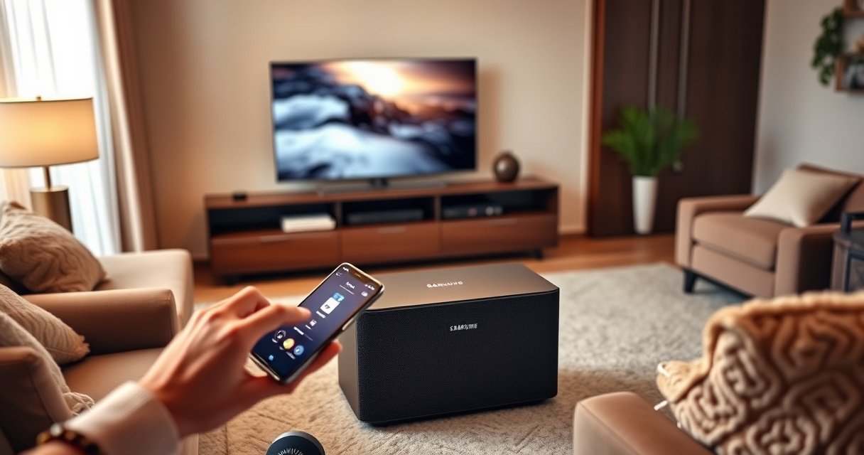 An elegant living room setup featuring a sleek Samsung soundbar and a powerful subwoofer, surrounded by cozy decor. Soft ambient lighting highlights the sound system, while a person is adjusting settings on a smartphone. The background shows a modern TV and plush furniture, creating a warm, inviting atmosphere perfect for home entertainment.