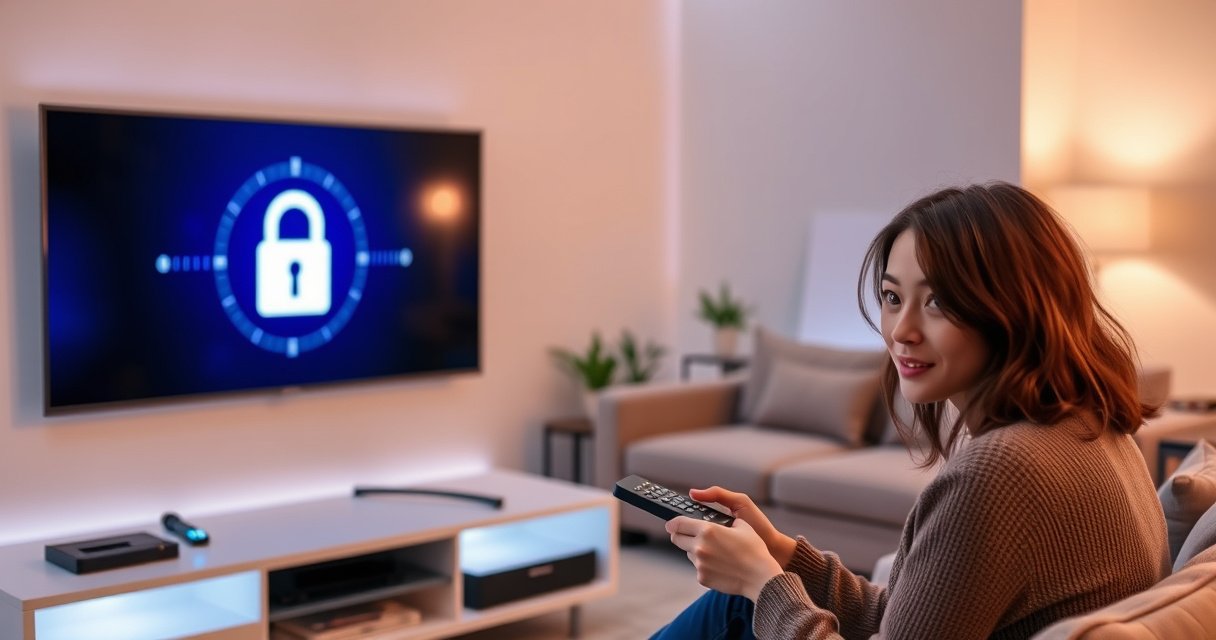 A sleek, modern living room with a stylish Samsung TV displaying a digital lock icon fading away. Soft ambient lighting highlights the furniture, while a person with a curious expression interacts with a remote control. In the background, a cozy couch and potted plants create a warm atmosphere, emphasizing the theme of technology and home comfort.
