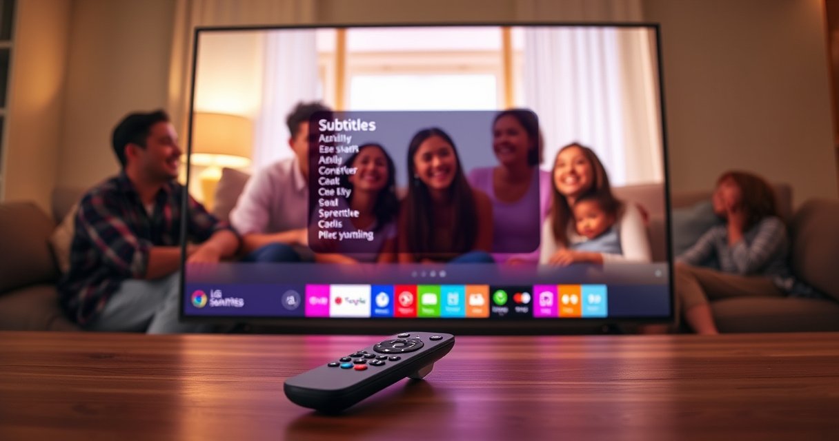 A sleek LG Smart TV displaying a vibrant living room scene, with a family gathered around, their laughter filling the air. A remote control rests on the table, the subtitle settings highlighted on the TV screen, a colorful array of icons surrounding it. Warm lighting creates an inviting atmosphere, emphasizing the joy of screen time without distractions.