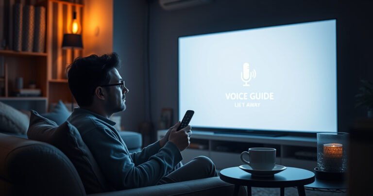 A cozy living room illuminated by the soft glow of a smart TV, featuring a person with a remote in hand, a thoughtful expression on their face. Surrounding them are plush cushions, a steaming cup of tea on a side table, and a muted voice guide icon subtly fading away on the TV screen.