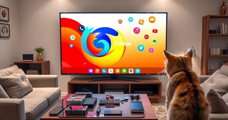 A sleek Samsung Smart TV displaying a vibrant, animated browser upgrade screen, surrounded by colorful app icons and tech gadgets. The living room is modern, with soft lighting and a cozy atmosphere, featuring a stylish sofa and a coffee table cluttered with digital devices. A curious cat watches the screen intently, adding a touch of whimsy.