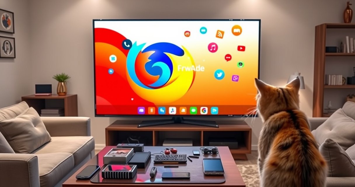 A sleek Samsung Smart TV displaying a vibrant, animated browser upgrade screen, surrounded by colorful app icons and tech gadgets. The living room is modern, with soft lighting and a cozy atmosphere, featuring a stylish sofa and a coffee table cluttered with digital devices. A curious cat watches the screen intently, adding a touch of whimsy.