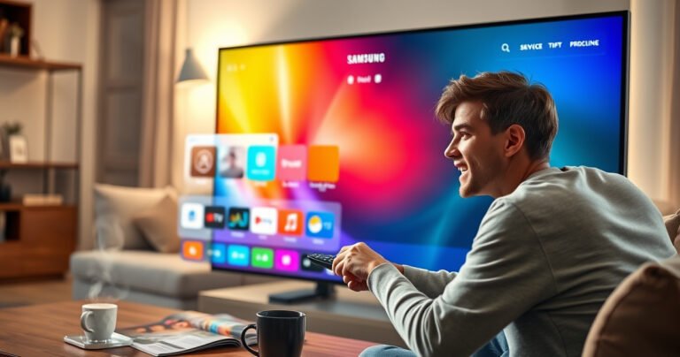 A sleek Samsung Smart TV displaying a vibrant, futuristic browser interface with colorful tabs and icons, set against a cozy living room backdrop. Soft ambient lighting highlights the TV screen, while a user interacts with a remote, their eager expression reflecting the excitement of technology. A coffee table nearby holds tech magazines and a steaming mug.