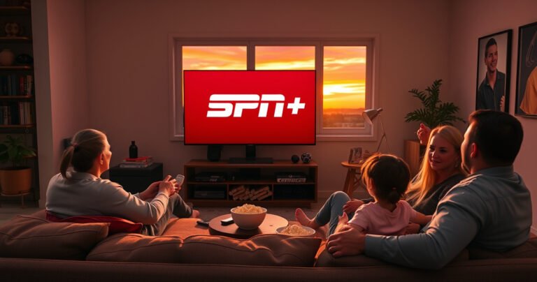 A cozy living room scene featuring a sleek LG Smart TV displaying the vibrant ESPN+ logo. Soft, ambient lighting highlights a plush couch with popcorn bowls, remote controls, and sports memorabilia scattered around. A window reveals a sunset sky, while a family excitedly gathers to watch a live sports event, embodying the thrill of streaming.