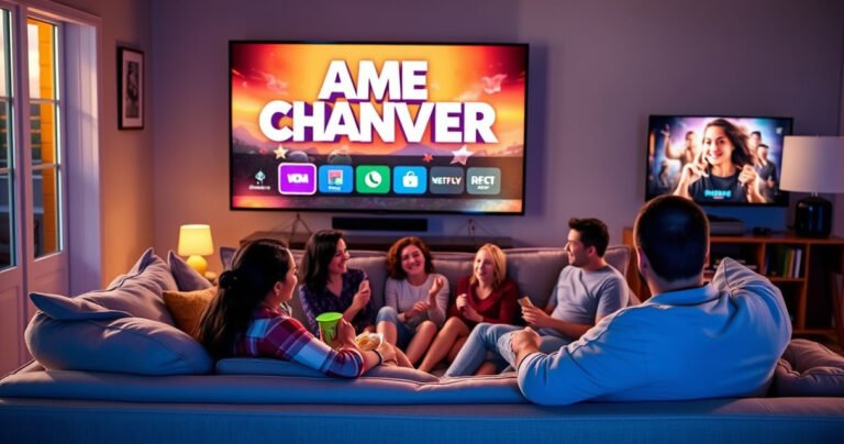 A cozy living room scene with a large Roku Smart TV displaying vibrant Game Changer graphics. A family of diverse backgrounds gathers on a plush sofa, laughing and sharing snacks, surrounded by warm ambient lighting and playful decor. A window shows a twilight sky outside, hinting at a perfect evening of entertainment.