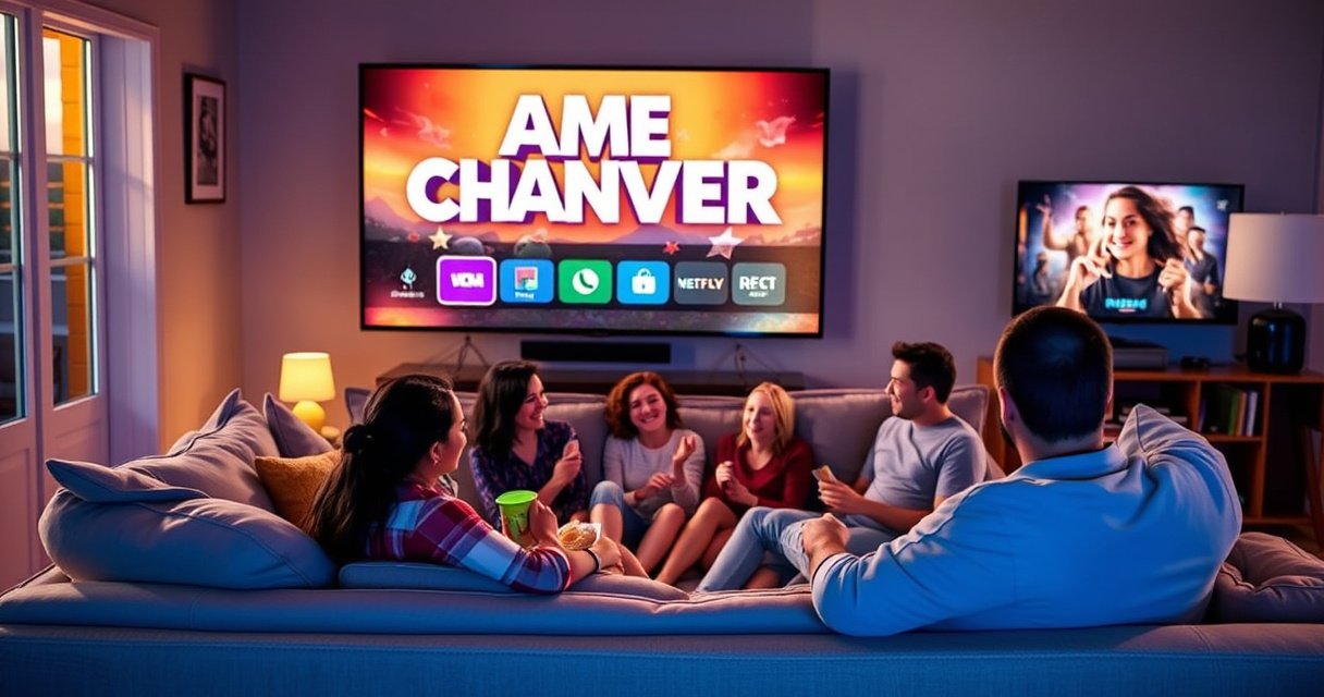 A cozy living room scene with a large Roku Smart TV displaying vibrant Game Changer graphics. A family of diverse backgrounds gathers on a plush sofa, laughing and sharing snacks, surrounded by warm ambient lighting and playful decor. A window shows a twilight sky outside, hinting at a perfect evening of entertainment.