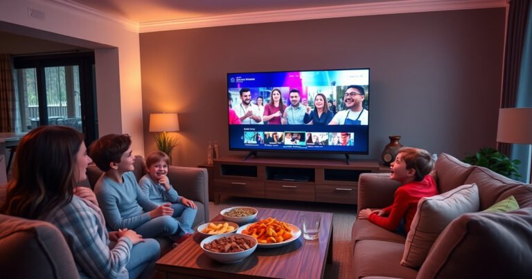 A cozy living room with a large smart TV displaying vibrant live stream content, surrounded by a plush sofa and soft pillows. Warm ambient lighting casts a welcoming glow, while snacks are laid out on a stylish coffee table. A family of four gathers, their faces lit up with excitement as they engage with the show.