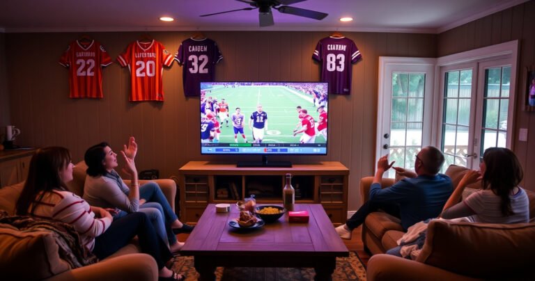 A cozy living room with a large flat-screen TV displaying a vibrant LiveBarn sports feed, surrounded by plush sofas, snacks on a rustic coffee table, and a family of four excitedly cheering together. Warm lighting creates an inviting atmosphere, while colorful team jerseys hang in the background, enhancing the spirited mood of a game day.