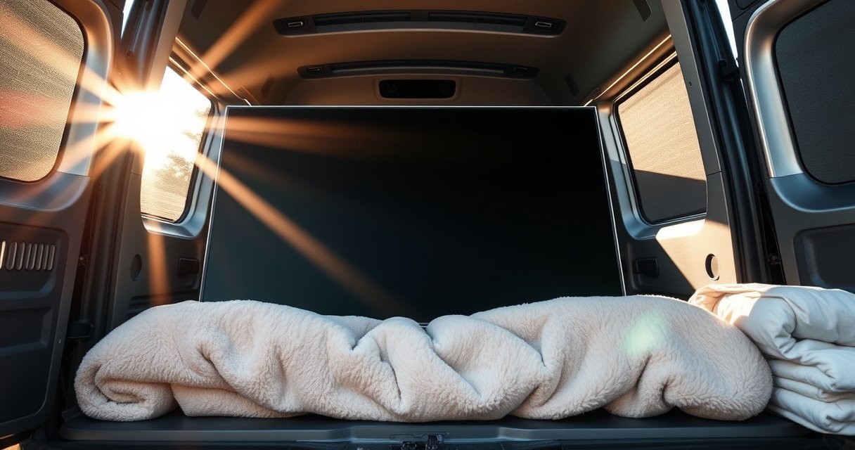 A close-up of a modern flat-screen TV lying horizontally on soft, plush blankets inside a sleek, stylish moving van. Sunlight filters through the van's open doors, illuminating the TV's sleek edges, while surrounding packing materials and tools hint at a seamless move. The scene conveys care, protection, and the importance of proper transport techniques.