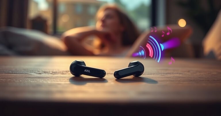 A sleek pair of AXIL earbuds resting on a textured wooden surface, surrounded by soft, ambient lighting. In the background, blurred silhouettes of a relaxed person enjoying music, with subtle sound waves illustrated in vibrant colors emanating from the earbuds, depicting sound quality and comfort. A warm, inviting atmosphere highlighting modern technology and lifestyle.