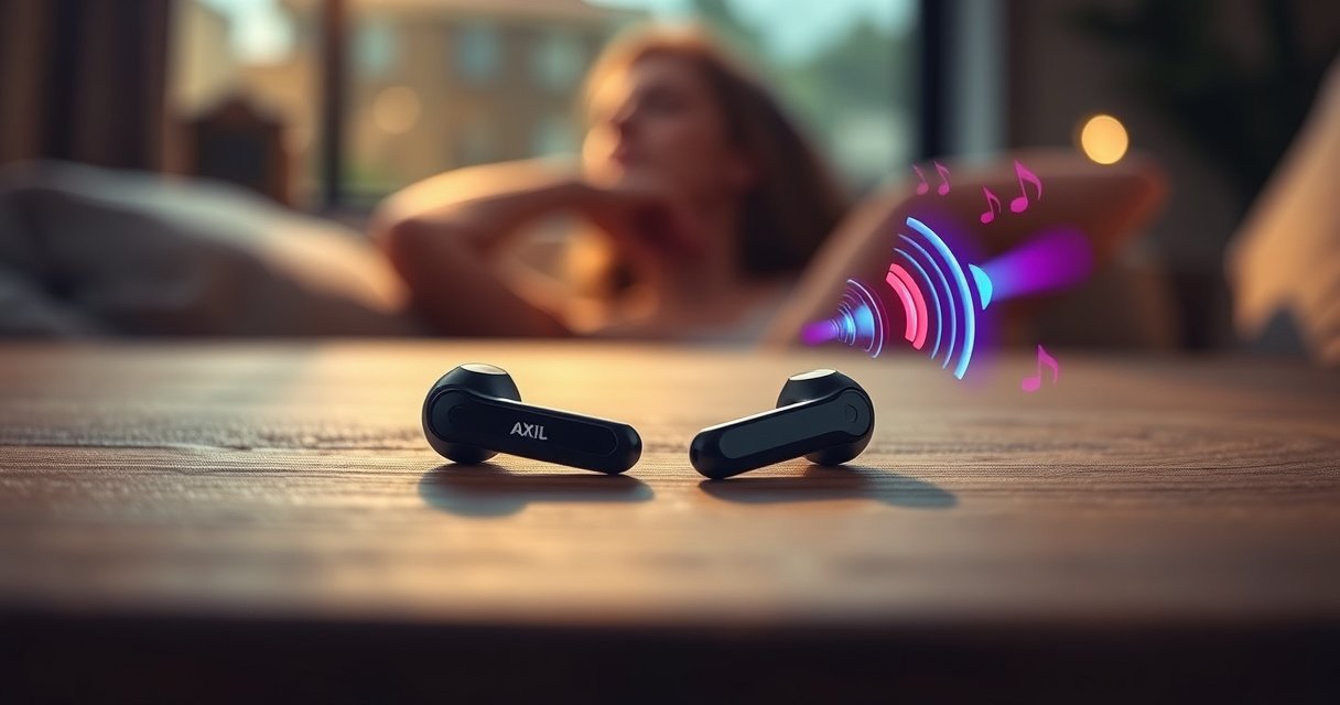 A sleek pair of AXIL earbuds resting on a textured wooden surface, surrounded by soft, ambient lighting. In the background, blurred silhouettes of a relaxed person enjoying music, with subtle sound waves illustrated in vibrant colors emanating from the earbuds, depicting sound quality and comfort. A warm, inviting atmosphere highlighting modern technology and lifestyle.