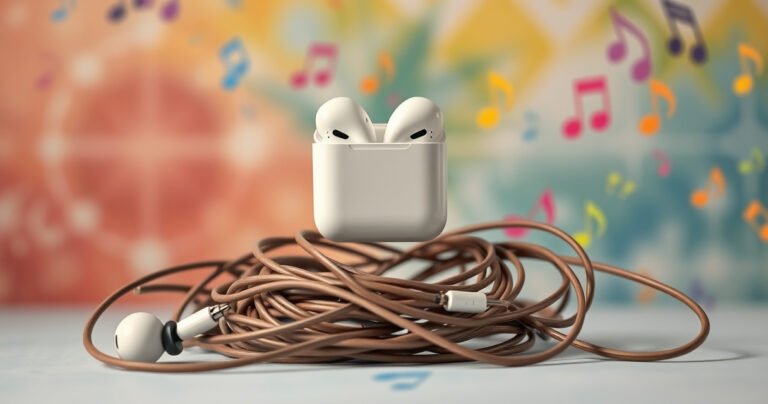 A sleek pair of AirPods floats gracefully above a tangled set of wired earphones, surrounded by a vibrant backdrop of sound waves and colorful music notes. The AirPods shine with a modern, minimalist design, while the earphones display a vintage aesthetic, representing the clash of technology and tradition in a dynamic, visually engaging composition.