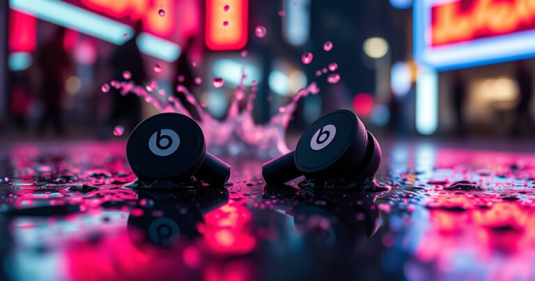 A close-up of sleek Beats earphones resting on a rain-soaked surface, droplets glistening on their surface. In the background, blurred silhouettes of water splashes and vibrant neon lights create a dynamic atmosphere, while a subtle hint of a wave pattern adds a sense of fluidity and innovation, emphasizing their waterproof features.