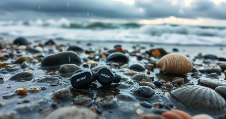 A serene scene of a pair of Bose QuietComfort Earbuds resting on a rocky beach, surrounded by gentle waves splashing, with raindrops glistening on the earbuds. In the background, a cloudy sky hints at a sudden downpour, while seashells and smooth pebbles add texture, capturing the essence of durability and waterproof technology.