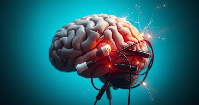 A close-up of a human brain intertwined with tangled earbuds, vivid electric currents sparking around them, illustrating the connection between technology and health. The background is a calming gradient of blues and greens, symbolizing a balance between innovation and well-being, while subtle warning signs subtly emerge in the shadows.