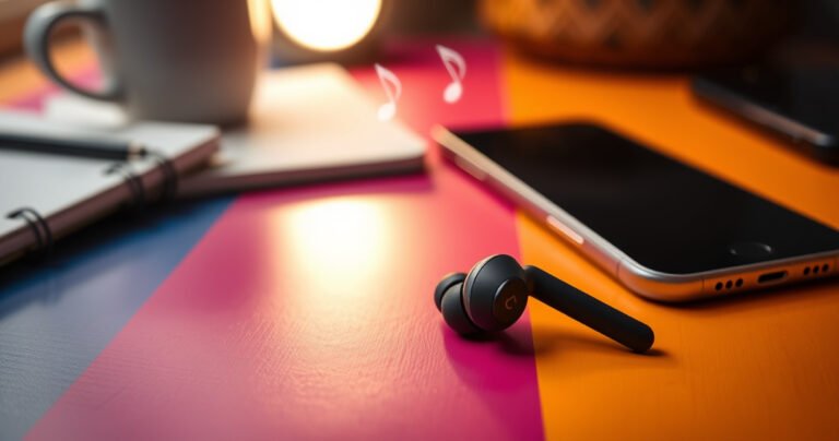 A close-up of sleek Heyday earbuds resting on a vibrant, colorful background, surrounded by contrasting elements like a cozy workspace with a coffee cup, a notebook, and a smartphone. Soft lighting highlighting the earbuds' modern design, while faint sound waves ripple in the air, symbolizing music and sound quality.