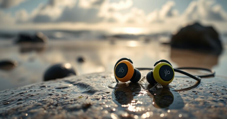A close-up of vibrant JLab earbuds resting on a sleek, wet stone surface, glistening droplets of water cascading off them, surrounded by a serene, blurred background of a tranquil beach scene, with gentle waves lapping at the shore and soft sunlight filtering through fluffy clouds, evoking a sense of adventure and durability.
