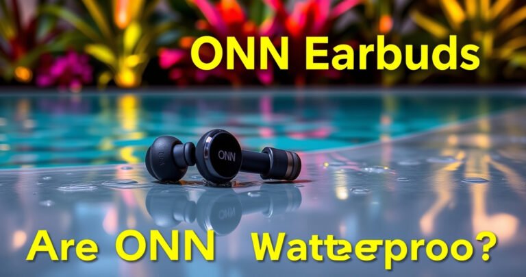 A close-up of ONN earbuds resting on a sleek, wet surface, droplets cascading off, reflecting colorful lights. In the background, a serene pool setting with gentle ripples, showcasing vibrant tropical plants. Bold text overlay: "Are ONN Earbuds Waterproof?" emphasizing the theme of water resistance amidst a dynamic, lively atmosphere.