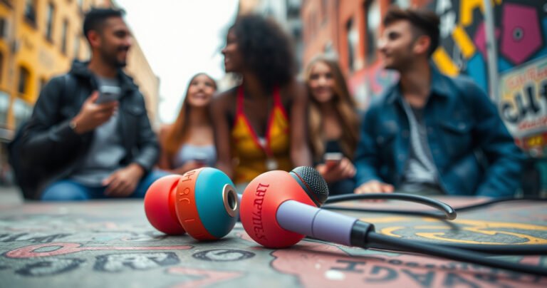 A close-up of colorful Skullcandy earphones resting on a vibrant urban backdrop, showcasing their sleek design. In the background, a diverse group of young people enjoying music together, embodying a trendy lifestyle. The scene captures energy and connection, highlighting both the earphones and the essence of sound in everyday life.