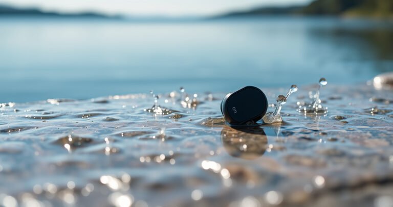 A sleek pair of Sony earbuds resting on a wet stone surface, droplets glistening in the sunlight, surrounded by splashes of water. In the background, a serene lake reflects a clear blue sky. The focus is on the earbuds, showcasing their modern design and water resistance features, while hints of nature create a tranquil atmosphere.