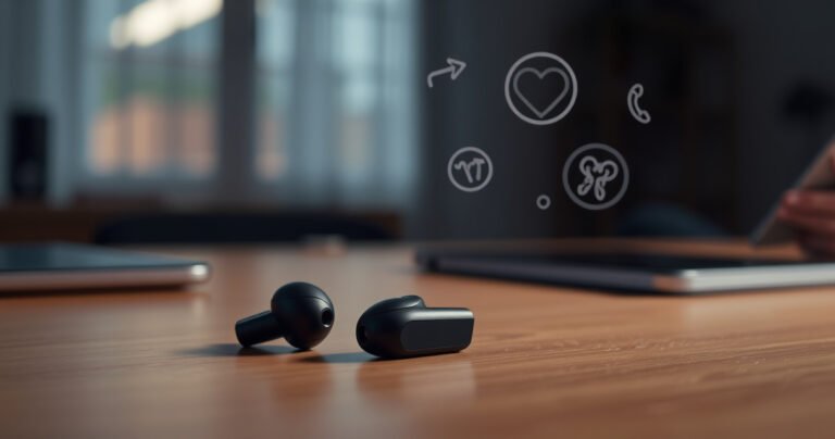 A sleek pair of wireless earbuds sits atop a wooden desk, surrounded by a soft glow of ambient light. In the background, a blurred silhouette of a person using their smartphone, while subtle icons of health symbols float gently around, evoking thoughts of safety and technology's impact on well-being.