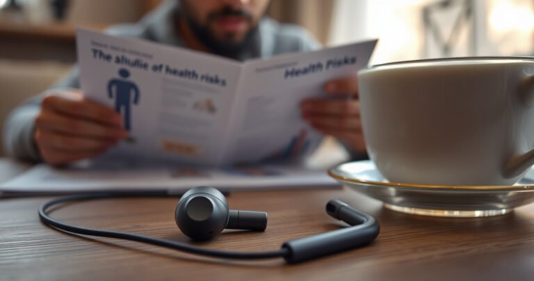 A close-up of sleek wireless earphones resting on a wooden table, surrounded by a soft glow of ambient light. In the background, a concerned individual examines an infographic about health risks, while a steaming cup of tea sits nearby, symbolizing contemplation and safety. The overall mood is thoughtful and inviting.