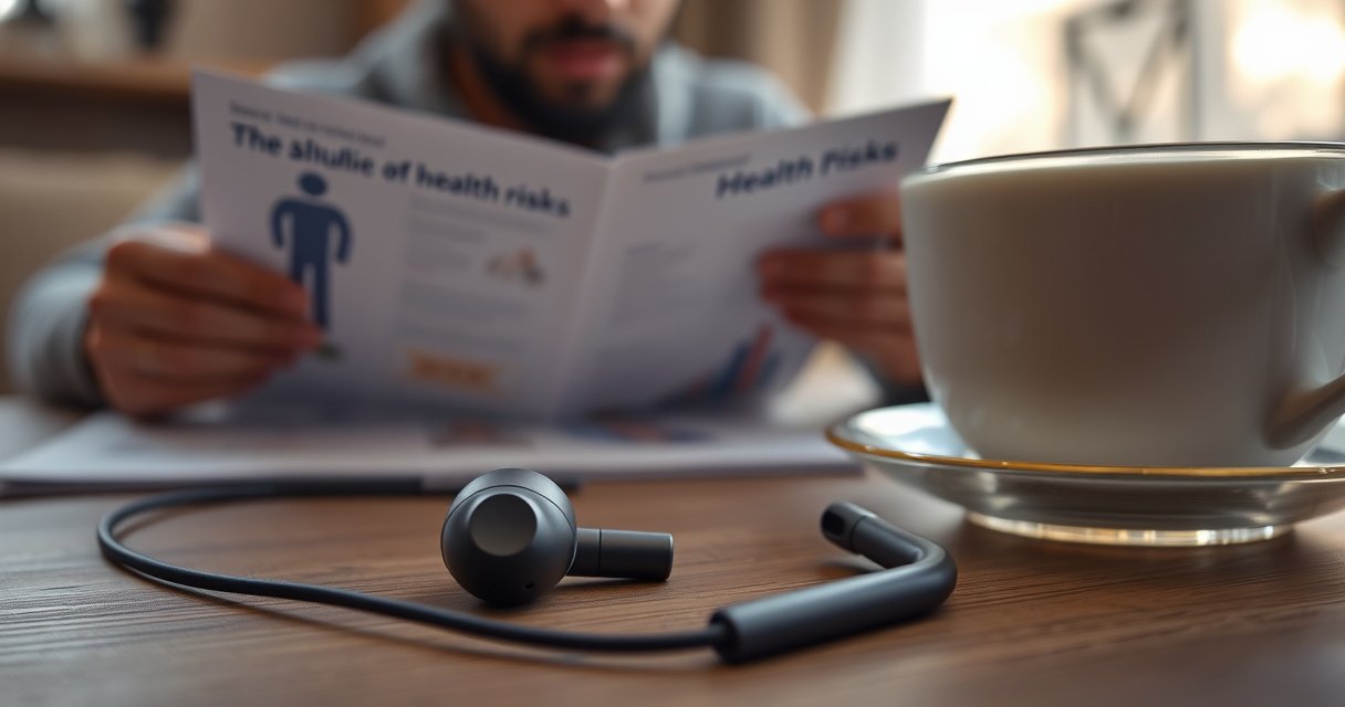 A close-up of sleek wireless earphones resting on a wooden table, surrounded by a soft glow of ambient light. In the background, a concerned individual examines an infographic about health risks, while a steaming cup of tea sits nearby, symbolizing contemplation and safety. The overall mood is thoughtful and inviting.