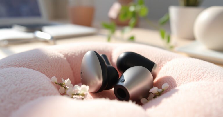 A close-up of a pair of sleek, compact earbuds nestled in a soft, pastel-colored cushion, surrounded by delicate floral accents. Sunlight glints off the earbuds’ polished surface, highlighting their ergonomic design. In the background, a cozy, minimalistic workspace with a touch of greenery adds warmth and comfort to the scene.