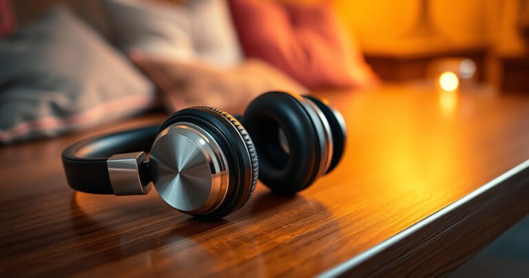 A close-up of high-end earphones resting on a sleek wooden surface, surrounded by vibrant sound waves in rich colors, with subtle glimmers of light reflecting off polished metal accents, and a blurred background of a cozy listening space featuring plush cushions and warm ambient lighting.