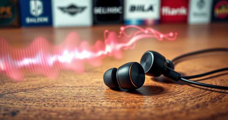 A sleek pair of high-end earphones resting on a textured wooden table, surrounded by vibrant sound waves visually emanating from them. In the background, blurred images of various popular earphone brands create a dynamic contrast, while soft, ambient lighting highlights the craftsmanship of the earphones, inviting readers to explore the world of audio excellence.
