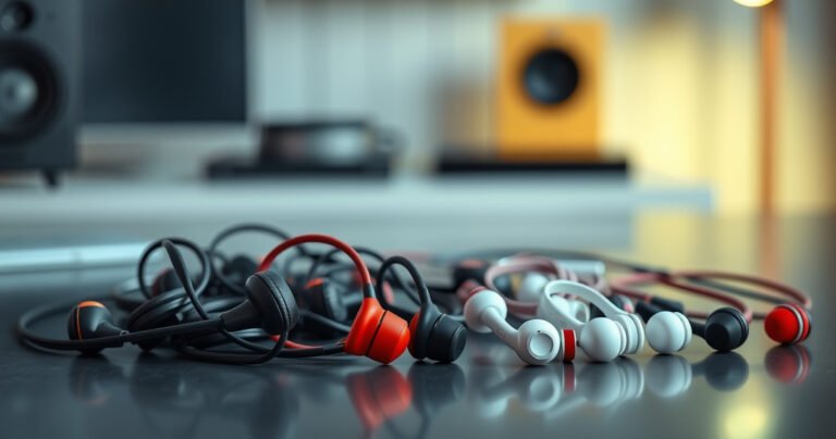 A vibrant display of assorted earphones in various colors and styles, elegantly arranged on a sleek, modern surface. Soft, ambient lighting highlights the textures and details of each pair, while a blurred background features a stylish workspace with tech gadgets, creating an inviting atmosphere that appeals to audiophiles and casual listeners alike.