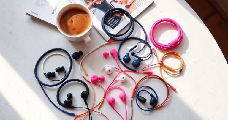 A vibrant flat lay of various stylish earphones on a sleek, textured surface, showcasing different colors and designs. Beside them, a cozy cup of coffee and a tech magazine, with soft natural light illuminating the scene, conveying a sense of modern lifestyle, comfort, and the joy of music in everyday life.