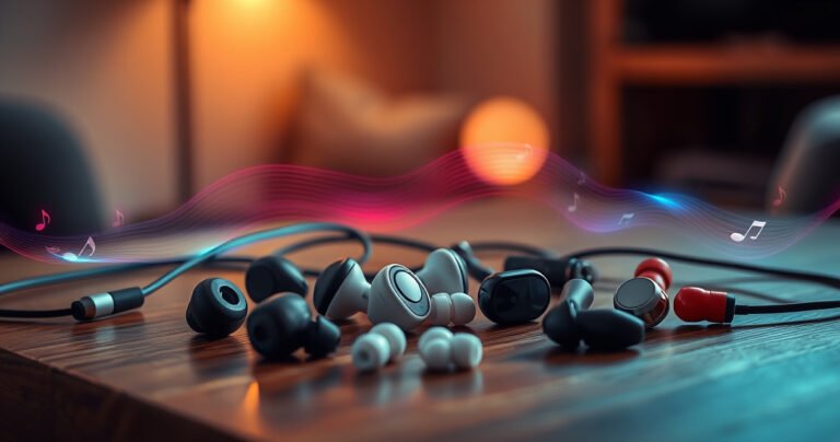 An elegant arrangement of diverse in-ear earphones displayed on a sleek wooden surface, surrounded by soft ambient lighting. Delicate sound waves illustrated in vibrant colors flow around them, symbolizing rich sound quality. A cozy, inviting atmosphere hints at comfort and value, with a subtle hint of music notes in the background.
