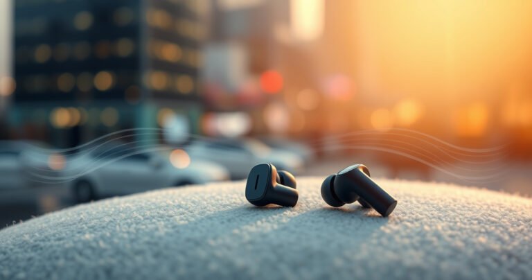 A sleek pair of modern noise-cancelling earphones resting on a soft, plush surface, surrounded by a serene, blurred background of a bustling cityscape. Gentle waves of sound visualizations ripple around them, symbolizing silence and focus, illuminated by soft, ambient lighting that highlights their sleek design and technological sophistication.