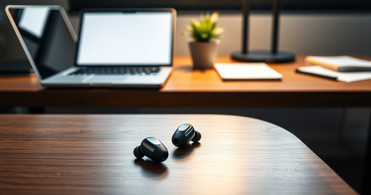 A sleek pair of modern wireless earphones rests on a stylish wooden desk, surrounded by soft, ambient lighting. In the background, a minimalist workspace features a laptop, a potted plant, and scattered notes, evoking a sense of productivity and tranquility. The earphones gleam, showcasing their elegance and cutting-edge design.