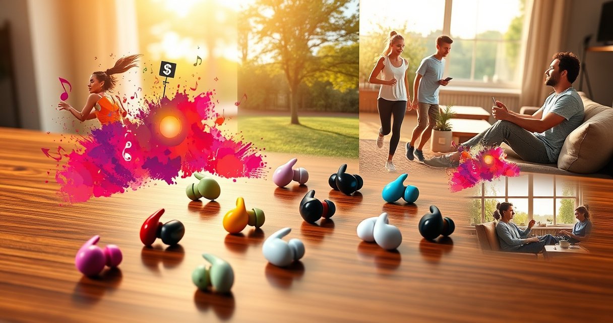 A vibrant collage of wireless earphones in various styles and colors, displayed on a stylish wooden table. Surrounding them are lively splashes of music notes, dollar signs, and diverse lifestyle scenes showcasing people enjoying music in different environments, from jogging in a park to relaxing at home, all bathed in warm, inviting light.
