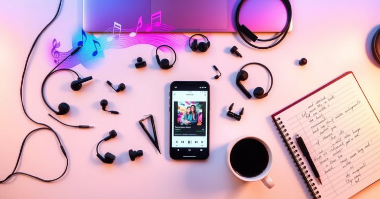 A stylish flat lay of various wireless earphones surrounded by vibrant music notes and soundwaves, set against a sleek, modern desk. Include a smartphone displaying a music app, a coffee cup, and a notebook with handwritten notes, all illuminated by warm, inviting lighting to evoke a sense of personal connection to music.