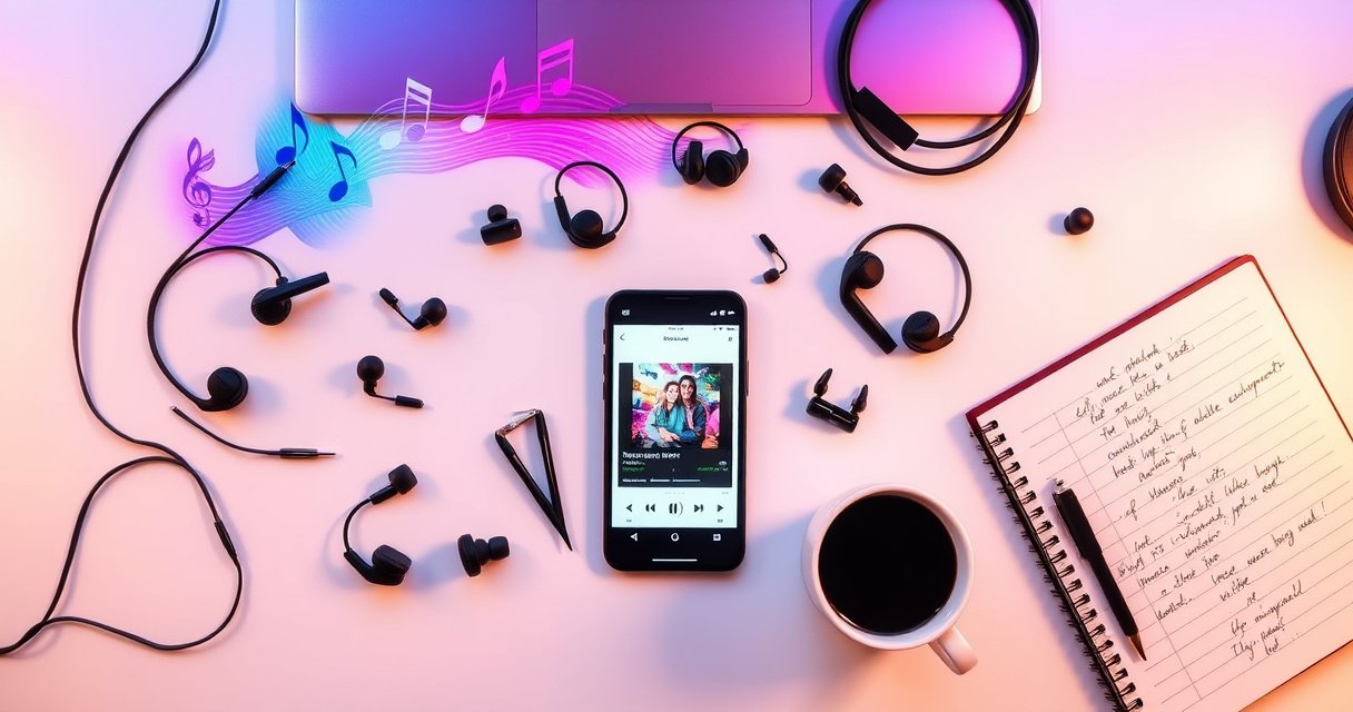 A stylish flat lay of various wireless earphones surrounded by vibrant music notes and soundwaves, set against a sleek, modern desk. Include a smartphone displaying a music app, a coffee cup, and a notebook with handwritten notes, all illuminated by warm, inviting lighting to evoke a sense of personal connection to music.