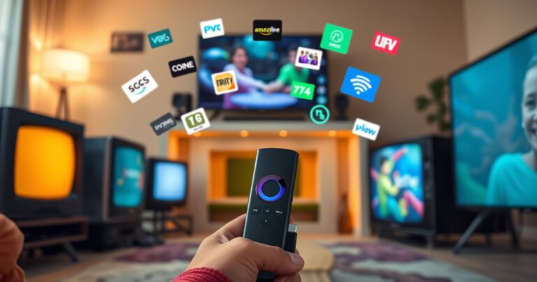 A sleek Amazon Fire Stick glowing with vibrant colors, plugged into an assortment of TVs ranging from vintage CRTs to modern 4K models. The background features a cozy living room ambiance with soft lighting, showcasing various streaming icons floating around, symbolizing compatibility and connectivity, inviting viewers to explore their entertainment options.