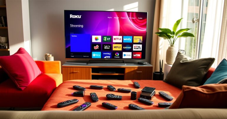 A colorful living room with a sleek Roku TV displaying a vibrant streaming interface, surrounded by various Roku remotes scattered on a cozy couch. Sunlight streams through a window, illuminating the room's modern decor, creating a warm and inviting atmosphere that showcases the ultimate entertainment experience and the question of compatibility.