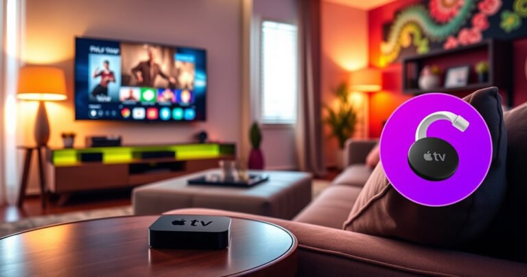 A sleek, modern living room with a cozy couch, an Apple TV remote resting on a side table, a glowing TV screen displaying the Apple TV interface, and a Chromecast device subtly integrated into a vibrant, colorful decor. Warm lighting casts a welcoming ambiance, inviting viewers to explore the tech connection between Apple TV and Chromecast.