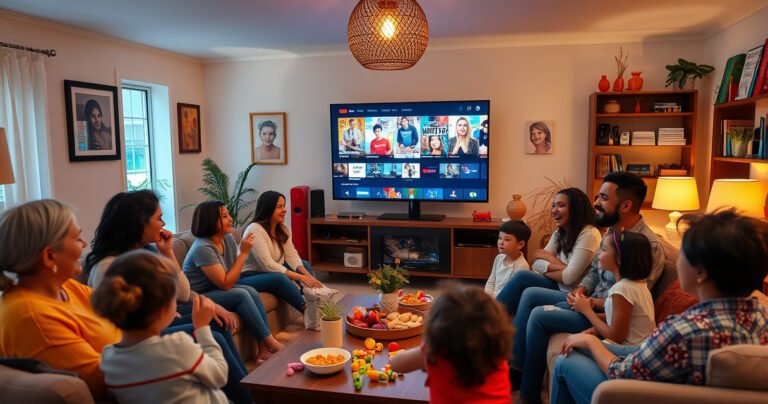 A vibrant living room filled with diverse families enjoying YouTube TV on a large screen, laughter and excitement in the air. Colorful decorations reflect various cultures, snacks scattered on the table, children playing with toys in the background, as adults discuss the latest shows. Warm lighting creates a cozy, inviting atmosphere.