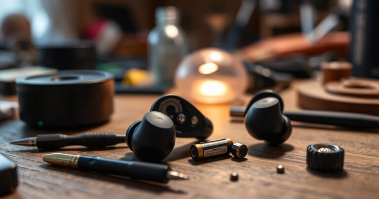 A close-up of a sleek pair of wireless earbuds resting on a wooden workbench, surrounded by small tools and battery components, a soft glow illuminating the intricate inner mechanisms, with a blurred background of a cozy workshop, evoking a sense of DIY exploration and the quest for tech repair solutions.