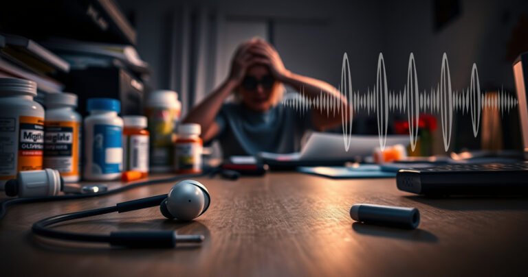 A close-up of a pair of sleek, modern earbuds lying on a cluttered desk, surrounded by colorful migraine medication bottles, a dimly lit room with a person holding their head in pain, contrasting warm and cool tones highlighting the tension, and a faint outline of sound waves emanating from the earbuds, symbolizing the connection to migraines.